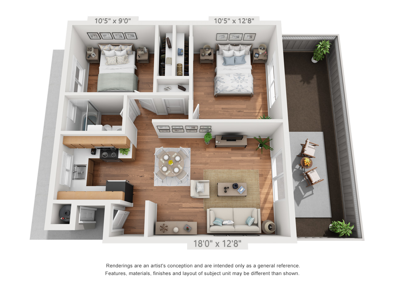 Floor plan for 2 beds, 1 bath, 685 sqft